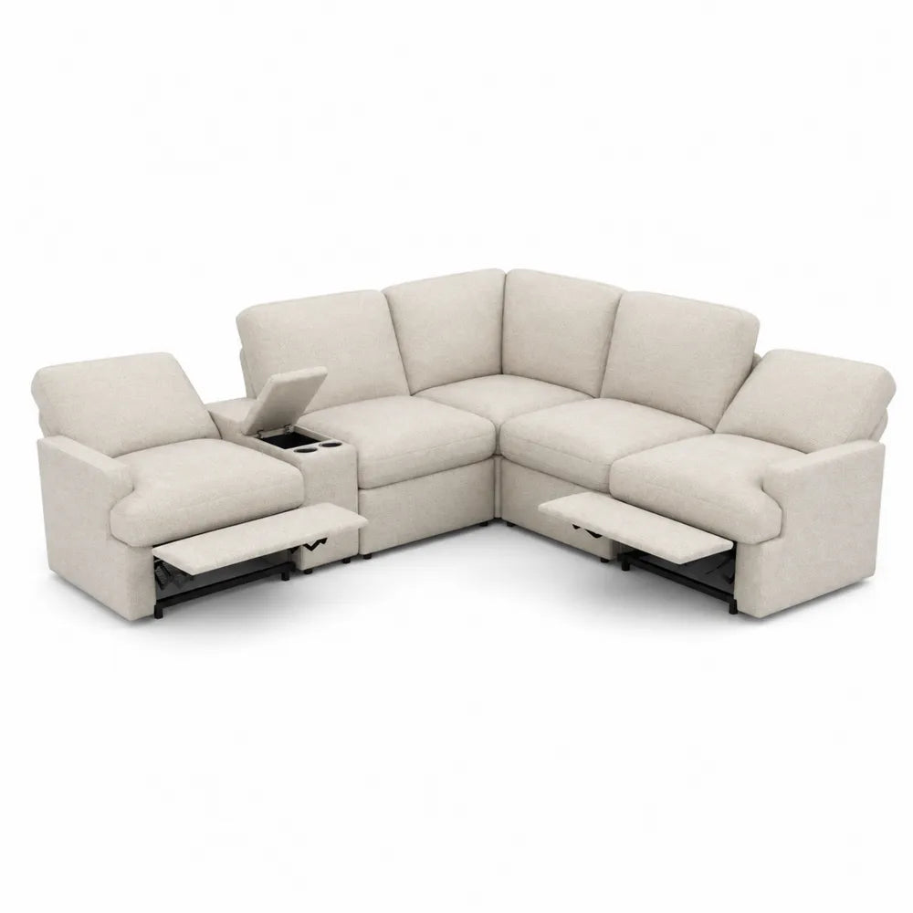 Sofá seccional esquinero de tela beige con reclinables y portavasos