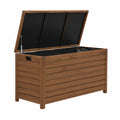 Baúl de almacenaje exterior de madera de acacia marrón con bisagras de metal 117x50x58 cm