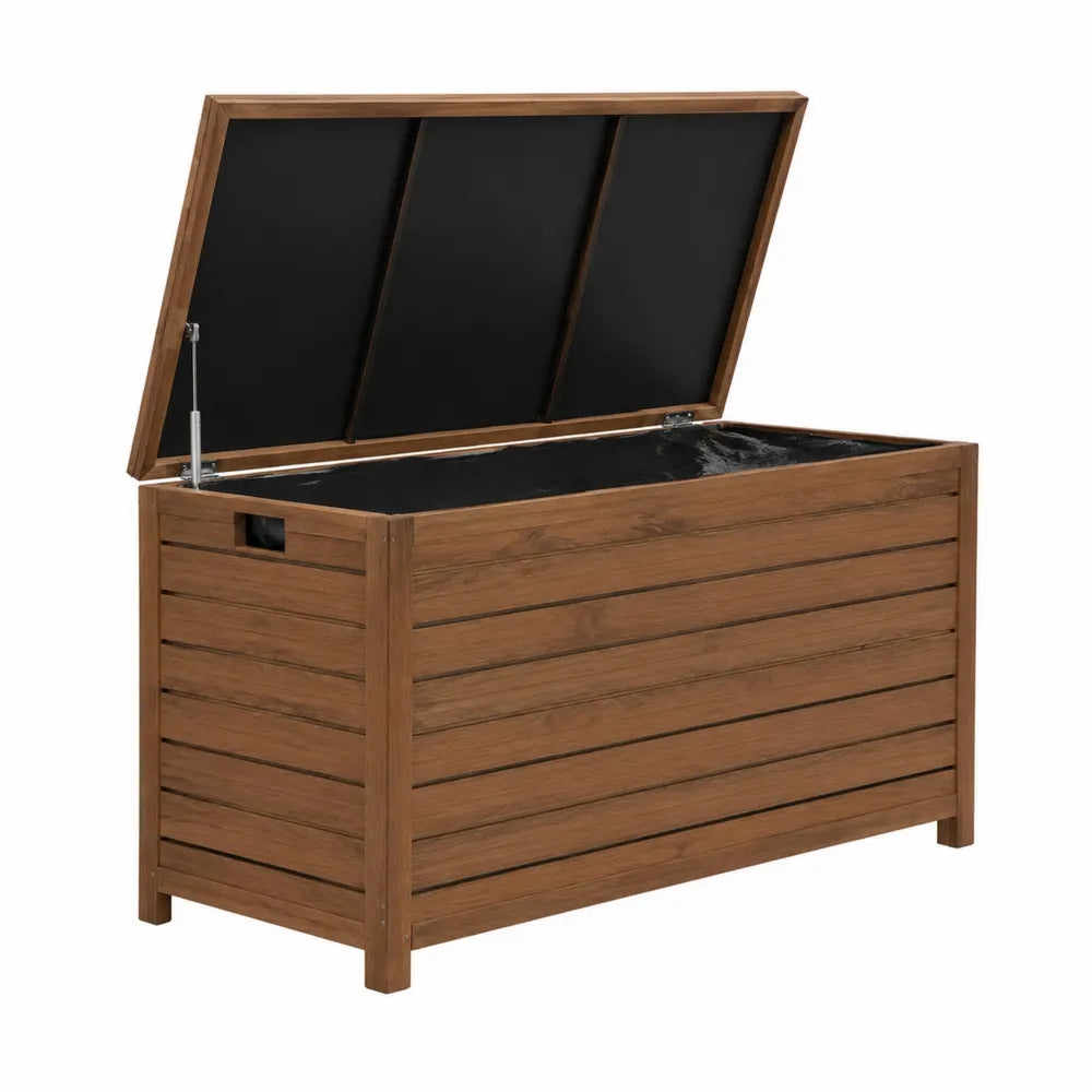 Baúl de almacenaje exterior de madera de acacia marrón con bisagras de metal 117x50x58 cm