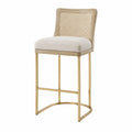 Taburete de madera con asiento de lino y patas de metal