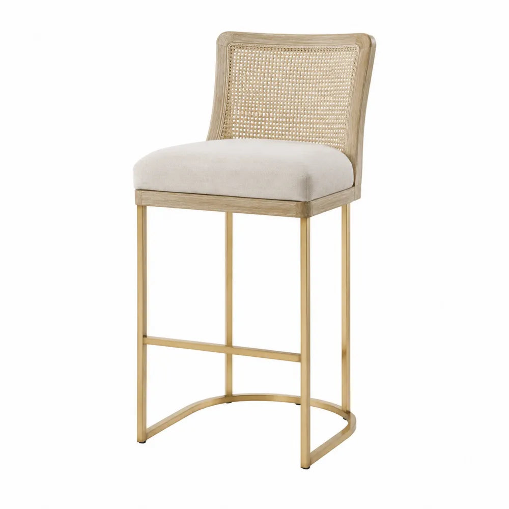 Taburete de madera con asiento de lino y patas de metal