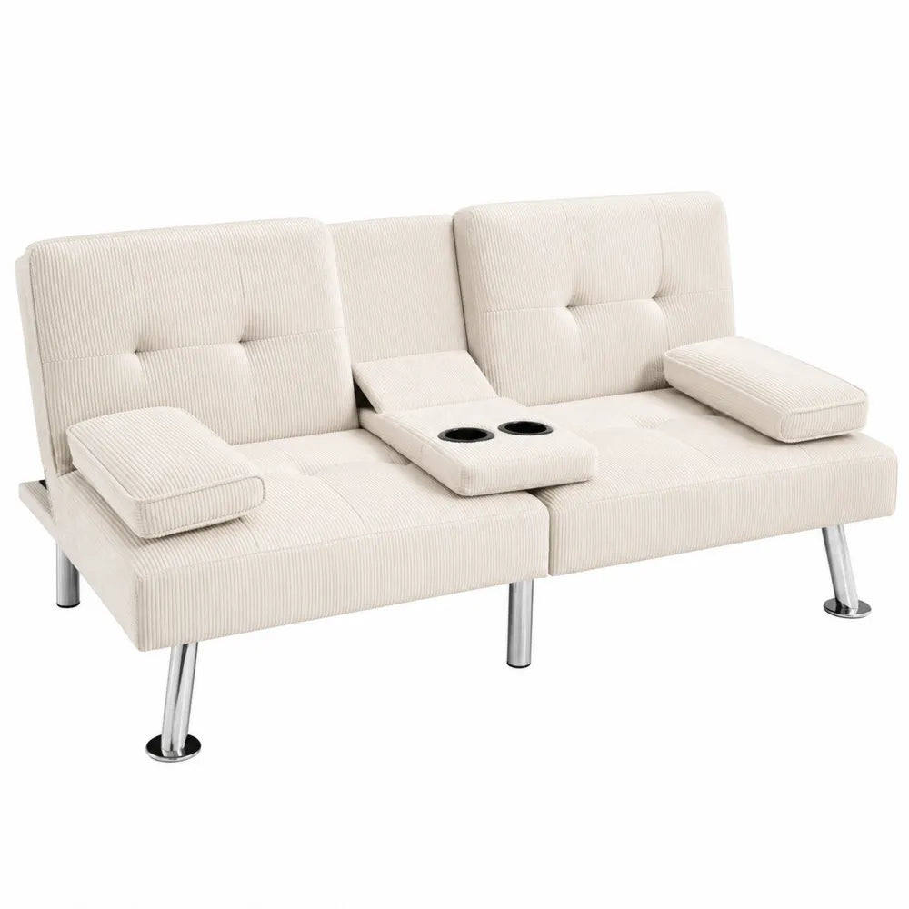 Sofá cama de pana beige con patas metálicas y portavasos