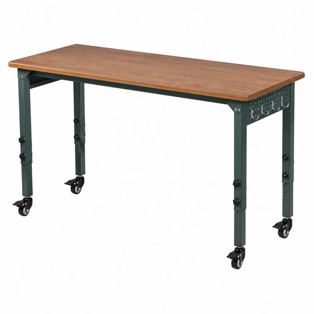 Mesa ajustable con ruedas, roble y metal, 120 cm x 60 cm x 75-100 cm