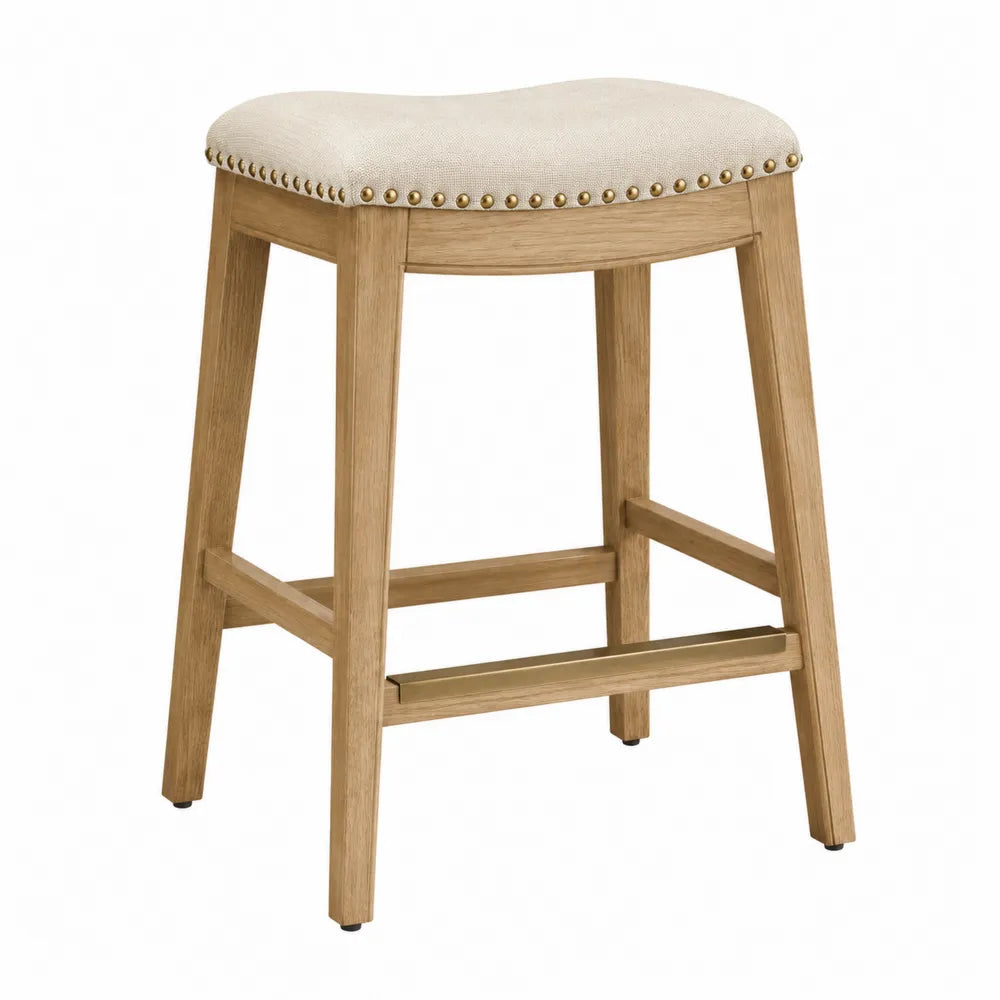 Taburete de madera de roble con asiento de lino beige