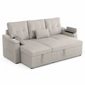 Sofá cama chaise longue de poliéster beige con almacenamiento y portavasos