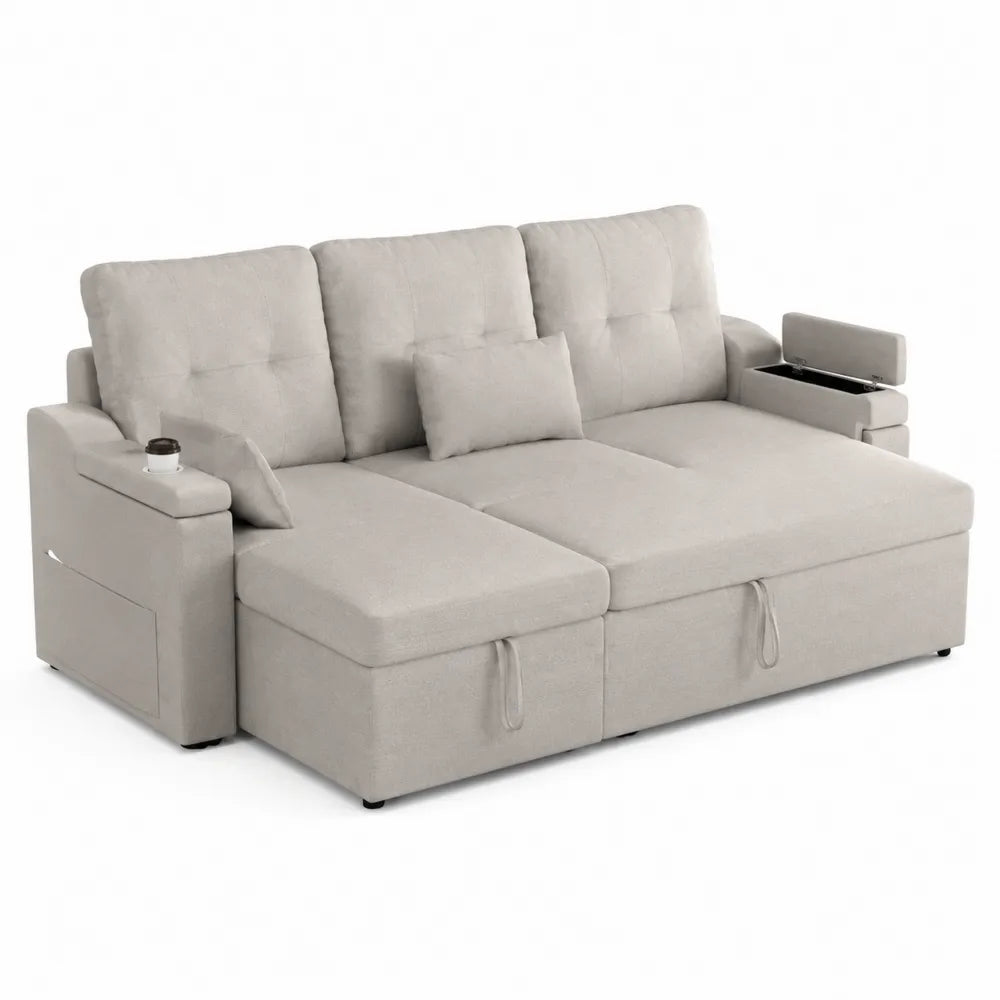 Sofá cama chaise longue de poliéster beige con almacenamiento y portavasos