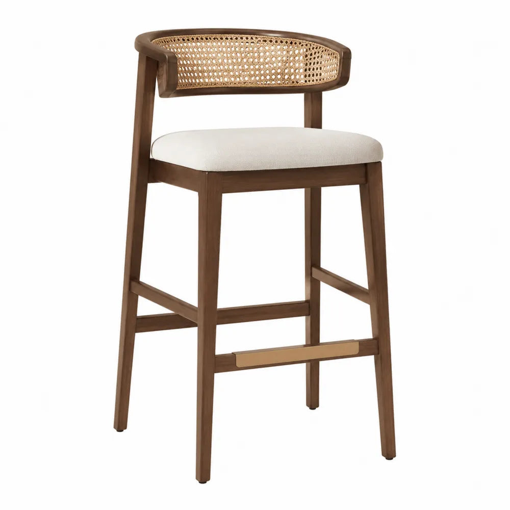 Taburete de madera con respaldo de ratán y asiento de lino beige