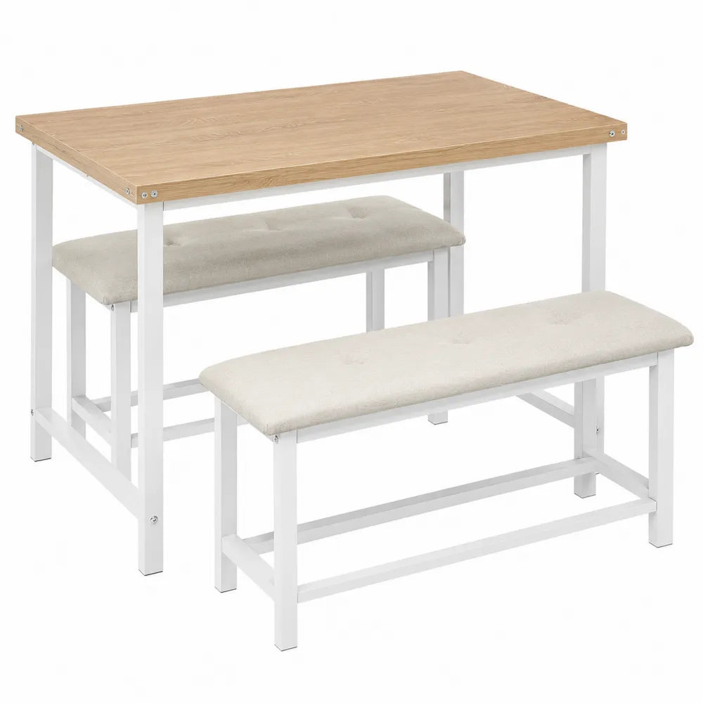 Conjunto de mesa y bancos de metal y tapizado beige