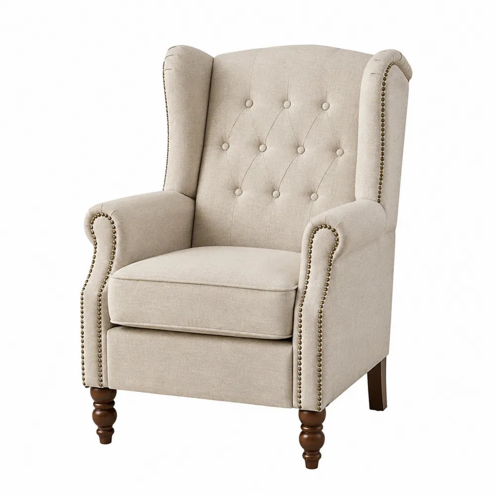 Sillón orejero de lino beige con patas de madera maciza
