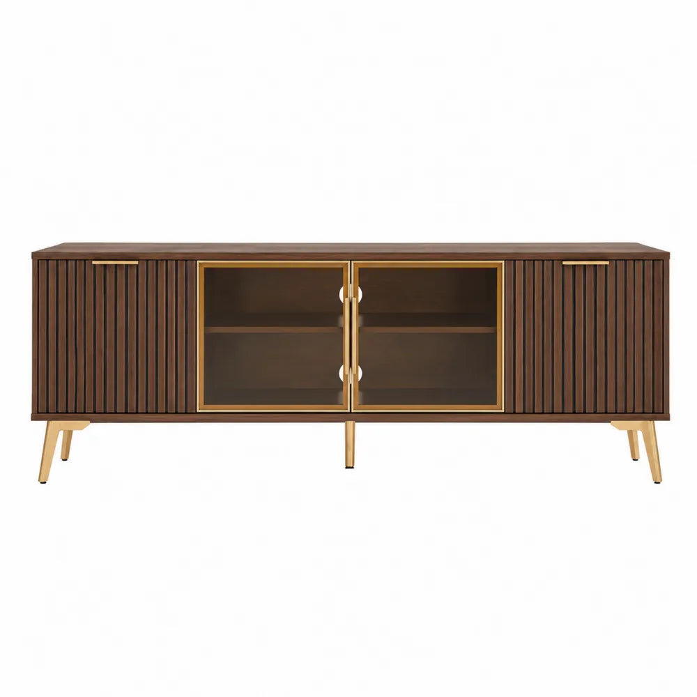 Mueble de TV de madera con puertas de vidrio templado y estructura de metal 160x40x60 cm