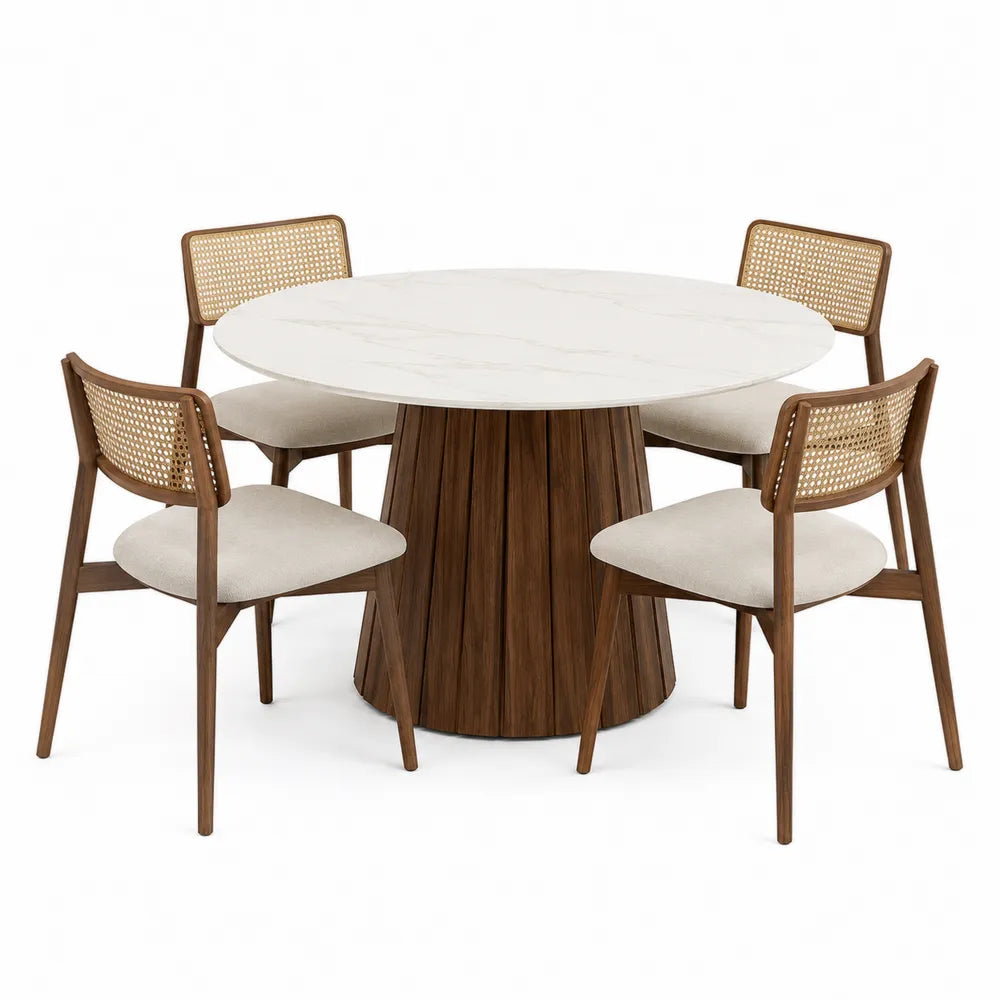 Mesa de comedor de mármol y madera con 4 sillas de ratán