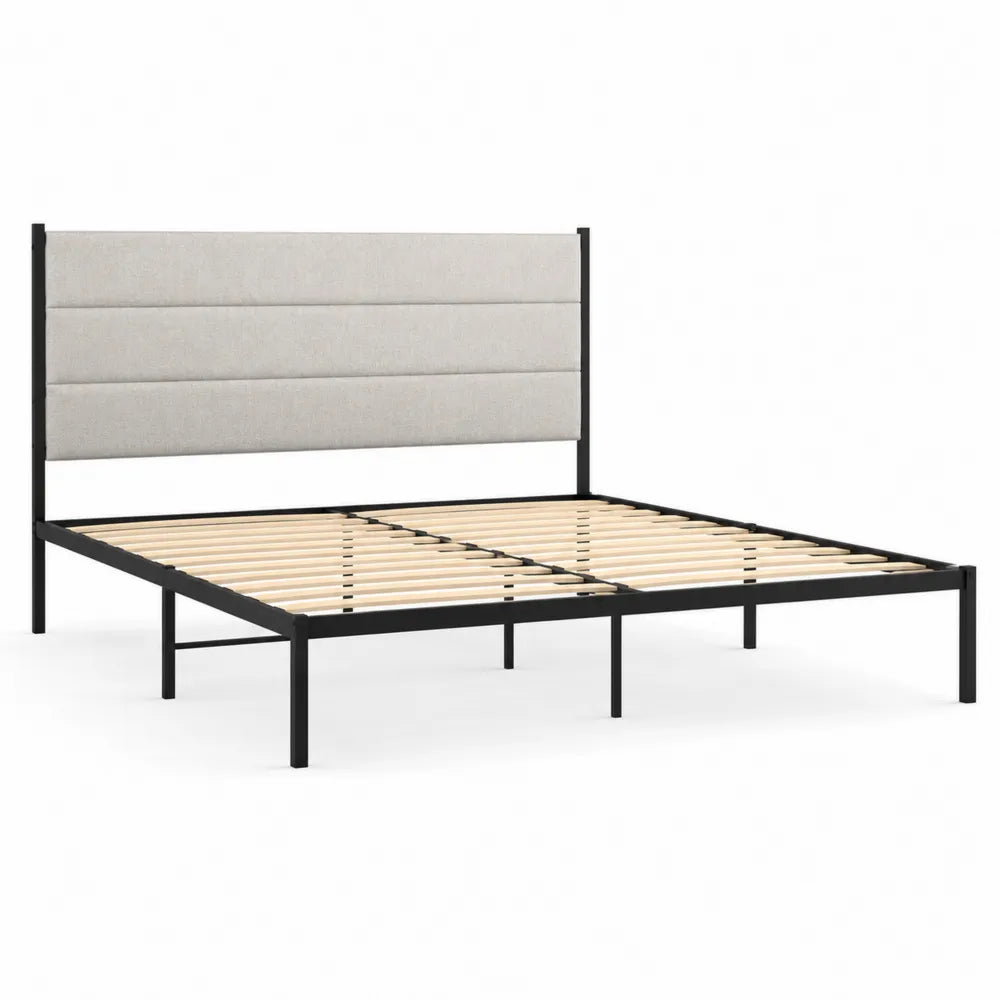 Cama con cabecero de tela beige y estructura de metal 200x160 cm