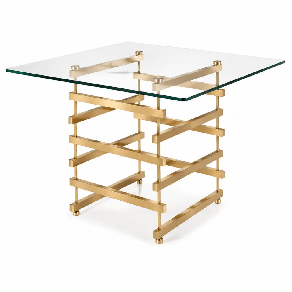 Mesa cuadrada de vidrio templado y base de acero dorado 90x90 cm