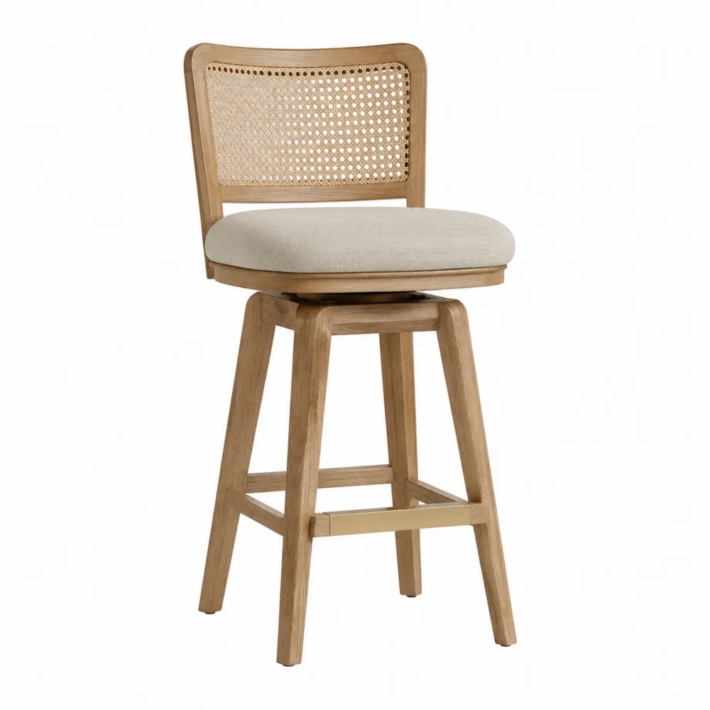 Taburete de madera con respaldo de rejilla y cojín beige