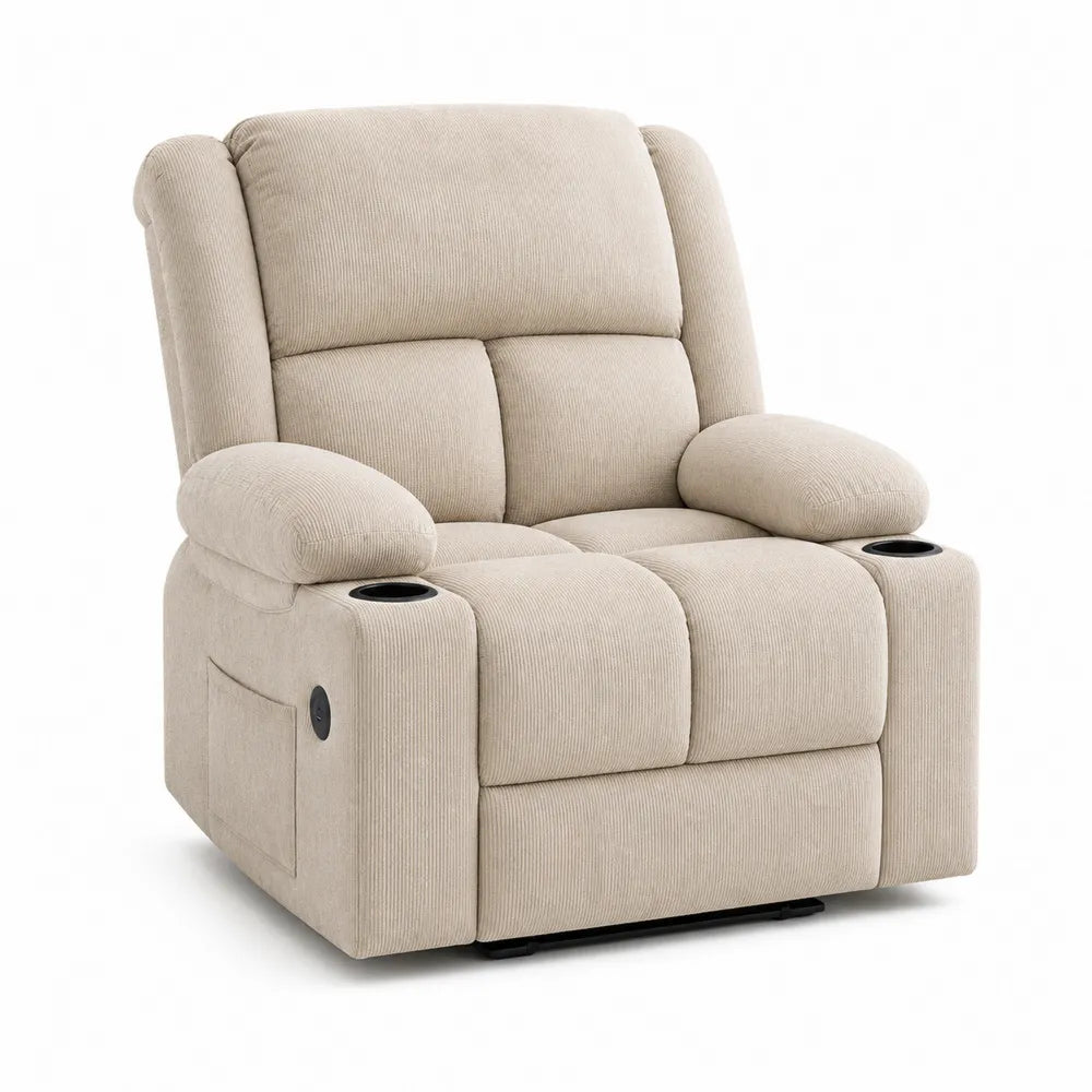 Sillón reclinable de tela chenilla beige con portavasos